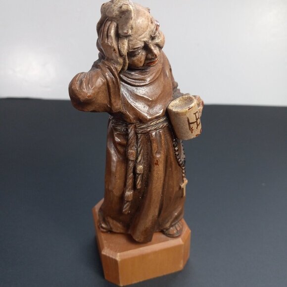 Hungover Monk Figurine Italy Anri Toriart Vintage Resin HB Beer Stein Wood Base - Picture 1 of 10